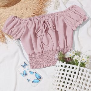 Baby Pink Boho Ribbed Trim Off The Shoulder Crop Top Short Sleeve NWOT